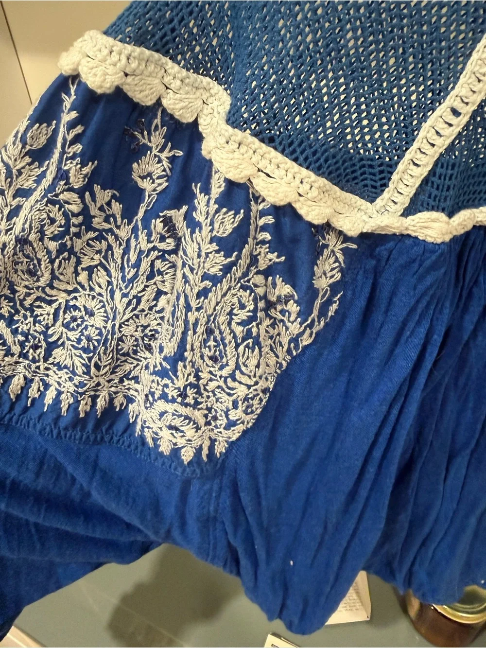 Free People Royal Blue Embroidered Mesh Yoke Tunic